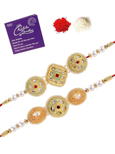 Image of Sukkhi Rakhi Traditional Kundan & Pearls Designer Meenakari Gold Plated Premium Rakhi for Brother with Roli Chawal & Greeting Card | Rakhi for Brother /Bhaiya /Bhai /Men|Rakhi Combo-Set of 2
