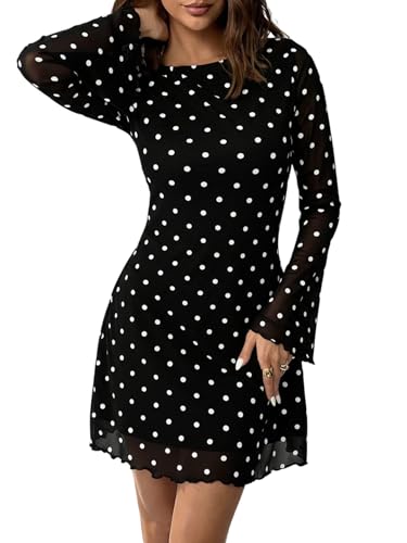 Milumia Women's Polka Dots Long Bell Sleeve Mesh Mini Dress Y2K Party Club A Line Short Dresses Black Large