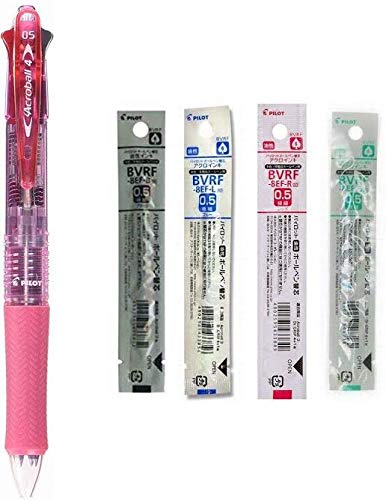 Pilot 4 Colors Ballpoint Pen, Acroball 4 Extra Fine, Black, Red, Blue & Green (BKAB-45EF-CSP) (Pink + Refill Set)