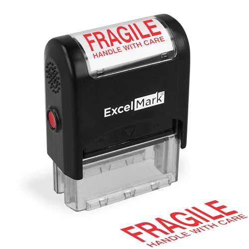 ExcelMark Fragile Handle with Care - Self Inking Rubber Stamp - Red Ink