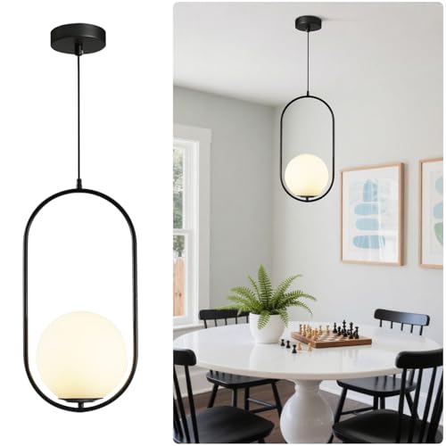 Image of Modern Black Pendant Light, Bedside Matte Pendant Lights with White Glass Shade, Large Globe Ceiling Light for Kitchen Island Bedroom
