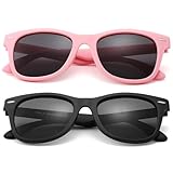 COASION Kids Sunglasses Age 4-12, 2 Pack Girls Boys Polarized TPEE Rubber Flexible Shades Glasses for Big Kids (Pink Frame/Grey Lens+Matte Black Frame/Grey Lens)