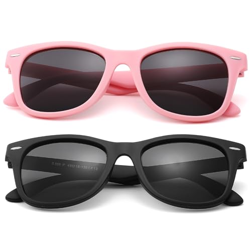 COASION Kids Sunglasses Age 4-12, 2 Pack Girls Boys Polarized TPEE Rubber Flexible Shades Glasses for Big Kids (Pink Frame/Grey Lens+Matte Black Frame/Grey Lens)