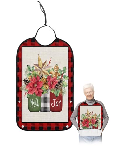 Jolunifun Christmas Plaid Adult Bib for Adults Men, Women, Washable & Adjustable Terry Cloth Bib with Crumb Catcher Reusable Waterproof Clothing Clothes Protector Apron Red Green Flower Berry Plaid