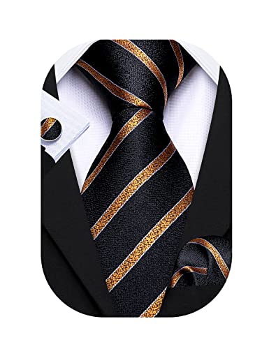 Image of Barry.Wang Tie Sets for Men Silk Stripe Necktie Woven Checkered Handkerchief Cufflinks Formal Business Wedding