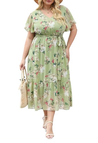 Image of Nemidor Plus Size Women Casual Maxi Dresses Print Bobo Belted Layered Chiffon Summer Long Dress with Ruffle Sleeve