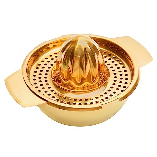 Snailhouse Exprimidor de limón, acero inoxidable, metal, cítricos, naranja, lima, zumo, frutas, exprimidor manual con colador y cuenco, dorado