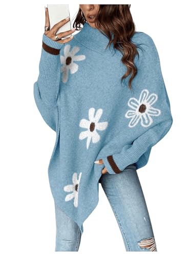 Women's Floral Poncho Sweater Long Sleeve Turtleneck Chunky Oversized Sweater Trendy Fall Winter Pullover Top