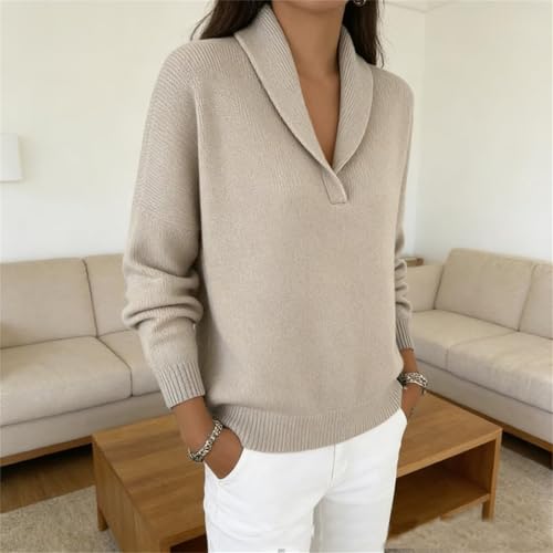Polo de manga larga para mujer con cuello chal retro en V estilo casual años 80 2