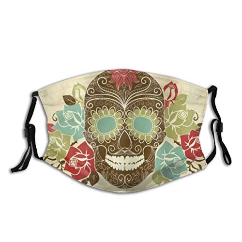 Preisvergleich Produktbild TARTINY Schädel und Rosen bunte Weinlesekomposition mit lächelndem gotischem Gesicht Staubwaschbarer wiederverwendbarer Filter und wiederverwendbarer Mund Warmes winddichtes Baumwollgesicht
