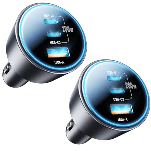 USB C Car Charger, 2Pack 3-Port 200W Dual USB-C & USB-A Phone Car Charger Adapter PD/QC Fast Charging Cigarette Lighter for Phone 16 15 14 13 12 Pro Max, Laptop MacBook Samsung Galaxy S24