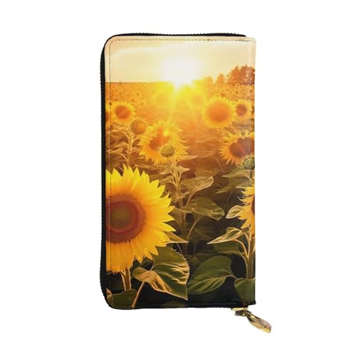 Womens Wallet Leather Slim Wallet Long Card Holder Case Zip Clutch Sunshine Sunflower Field Travel Purse