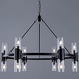 Wellmet Black Farmhouse Chandelier 38 inch, 12 Lights Modern Wagon Wheel Chandeliers for Dining Room Entryway, Round Industrial Rustic Ceiling Hanging Light with Clear Glass