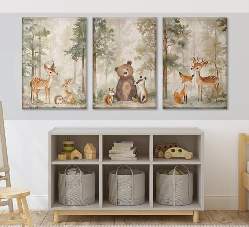 MIZILI 3Pcs Woodland Animal Nursery Canvas wall art Wild Animals Forest Paintings Pictures Wall Decor Fox Bear Deer Watercolor Poster Printing Artwork for Boys Room Girls Room Home Decoration - Image 3