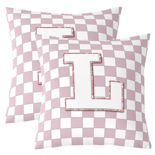 Image of Erosebridal Pink Initial L Throw Pillow Covers 16x16 Set of 2 Kawaii Plaid Checkered Cushion Cover Cute Personalized Monogram Throw Pillow Case for Bed Couch Sofa Fashion Grids Gingham Home Decor