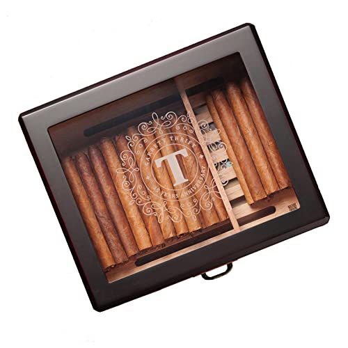 Woodronic Monogrammed Cigar Humidor for 25-50 Cigars, Custom Cigar Box with Hygrometer, Humidifier, Spanish Cedar Lining and Divider, Accessory Drawer, 72% Humidity Packets, Personalized Gift for Men