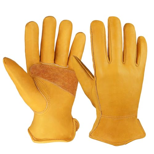 OZERO Leather Work Gloves for Men, 1 Pair Heavy Duty Gardening Gloves, Cowhide Reinforced Palm, Flexible Keystone Thumb, Elastic Wrist, Yard & Tool Work, Yellow Medium