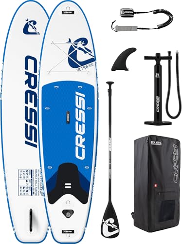 CRESSI Desde 1946   Ultra Isup Set   Tabla de Sup Hinchable para Adultos Muy Estable y Resistente Incluye Accesorios Remo Aleta Inflador Leash y Bolsa   Blanco/Azul_320x81x15 cm MAX 130 kg