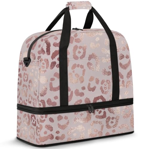 Large Weekender Overnight Bags Rose Gold Animal Leopard Travel Duffel Bag for Women Men Gym Bag With Shoe Compartment Foldie Travel Tote Bag Carry On Personal Item Bag for Travel Gym Sports