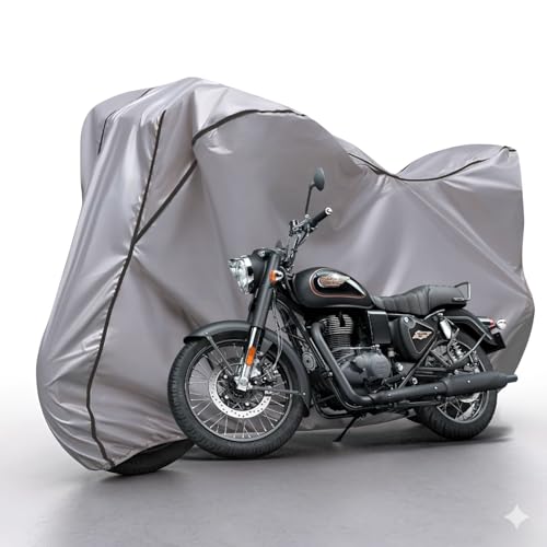 Image of Waterproof Bike Body Cover Compatible with RE Bullet Dustproof Scratchproof - Motorcycle Cover for Two Wheeler, Outdoor Full Cover with UV, Duty, Rain Protection (Silver & Black) R1