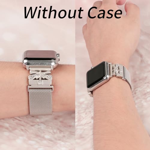 Magnetic Band for Women Compatible with Apple Watch Band 38mm 40mm 41mm 42mm 44mm 45mm 46mm Milanese Stainless Steel Loop with Bling Protective Case, Dressy Metal Strap Replacement iWatch Band