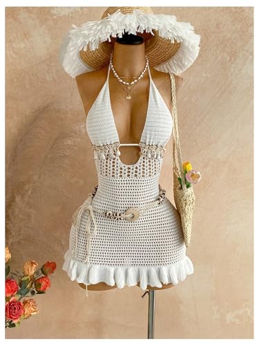 Image of GORGLITTER Women's Vacation Outfit Crochet Halter Knit Bubble Mini Dress Sexy Beach Cruise Summer Miami Resort Outfits