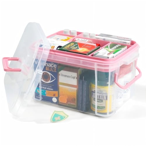 Image of HEY FOLY 15qt Pink Medicine Organizer Storage Box with Tray, Plastic First Aid Box Empty, Thickened Medicine Container Chest, Multipurpose Medical Case with Labels, Medicine Caddy with Lids Handles