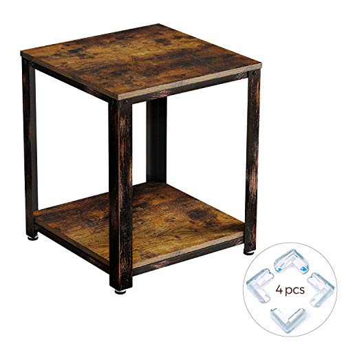 Rolanstar Rustic End Table, 2-Tier Side Table with Corner Protectors, Retro Metal Frame