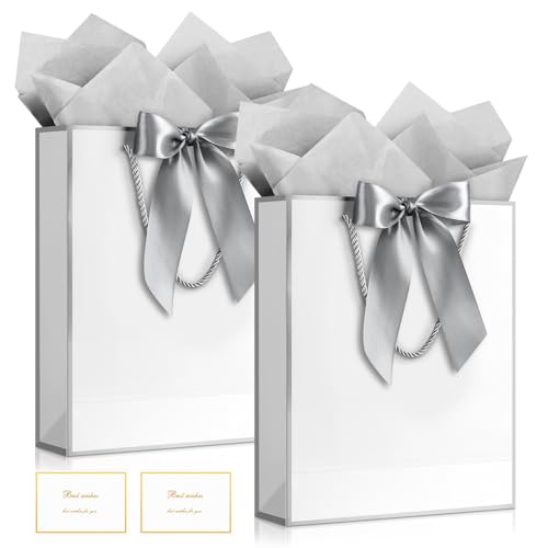 Image of JMANNI Gift Bag, 2PCS Gift Bags Large with Ribbon and 2 Greeting Cards 4 Tissue Paper, Portable Paper Gift Bag with Handles, Birthday Gift Bags,Present Bags for Wedding Party Mothers Day(White-Sliver)