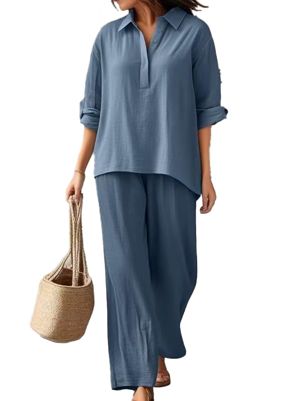 Women's Spring Summer Roll Up Long Sleeve Linen Shirts and Wide Straight Leg Pants Loose Fit Work Business Outfits