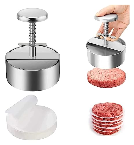 Burger Patty Maker Presse mit einstellbarer manueller Fleischpresse, antihaftbeschichteter Edelstahlschieber - Inklusive 100 Hamburger Patty Papers für einfaches Kochen