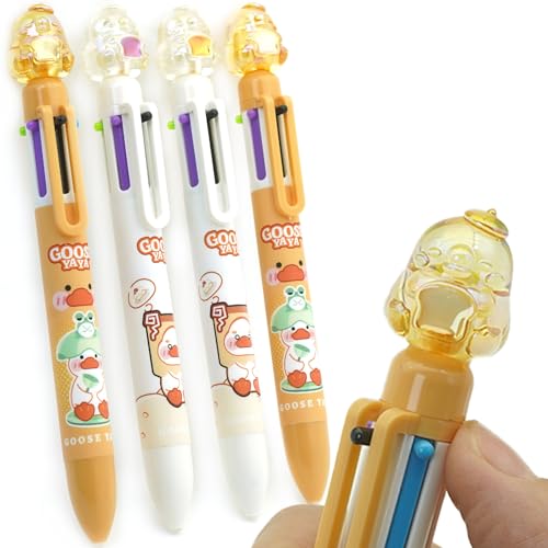 YEEMO 4-Pack 6-in-1 Multicolor Ballpoint Pens, 0.7 mm Multi Color Pens All in One with Crystal Decorative Toppers & Pen Pouch, Creative Writing Pens for Office, Journaling & Everyday Use (Duckling)