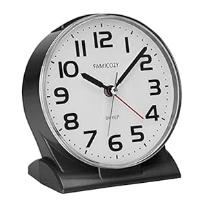 FAMICOZY 4.5″ No Ticking Analog Alarm Clock,Silent Readable for Seniors,Easy to Set,Gradual Rise Alarm,Big Numbers,On/Off Switch on Side,Gentle Wake,Snooze Soft Backlight,Battery Operated,Black