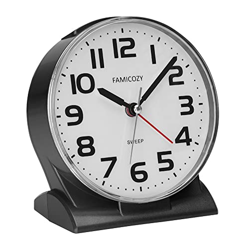 FAMICOZY 4.5″ No Ticking Analog Alarm Clock,Silent Readable for Seniors,Easy to Set,Gradual Rise Alarm,Big Numbers,On/Off Switch on Side,Gentle Wake,Snooze Soft Backlight,Battery Operated,Black