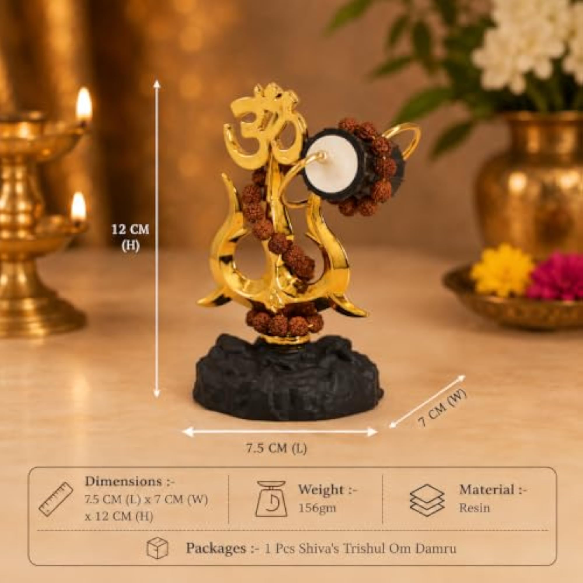 Shiva Om Trishul Damru Idol with Rudraksha Mala, Spiritual Gift