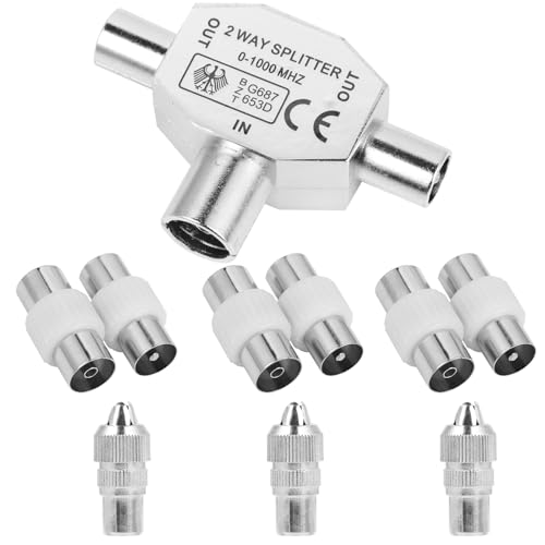 TV Aerial Splitter - 2-Way, 1 Female to 2 Male Coaxial Aerial Splitter with 7pcs TV Aerial Connector Adapter, Compatible with Cable TV & Antenna, Shielded Metal Housing, Signal Booster