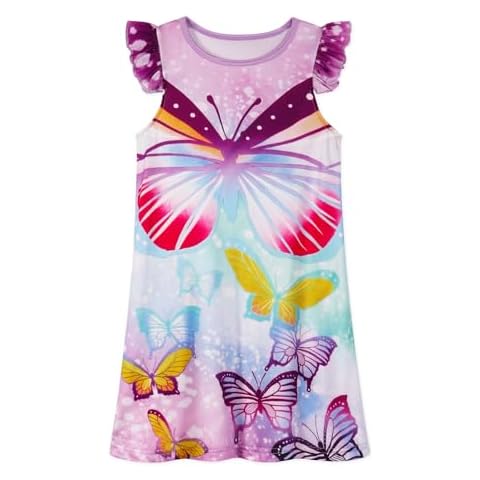WonderBabe Girls Nightgowns Flutter Sleeve Pajamas Dress 3D Printed Nightdress Purple Butterfly Sleepwear Soft Cartoon Nightgown size 3 4t Cover