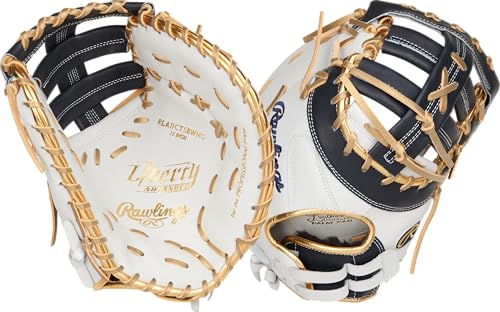 Rawlings | Liberty Advanced ColorSync Fastpitch Softball Glove | Right Hand Throw | 13' | First Base | Single Post, Double-Bar Web | White/Navy/Gold