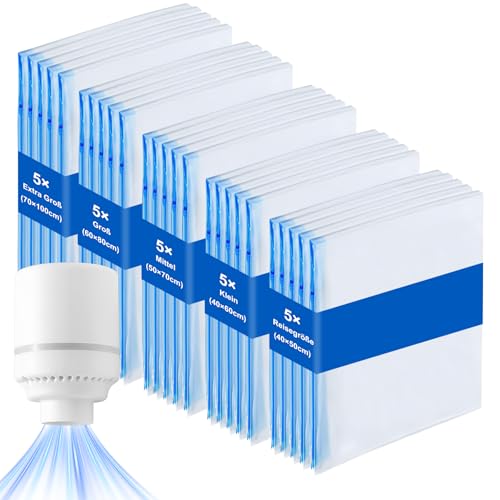 iPalamila Vakuumbeutel für Kleidung & Bettdecken – 25 Stück Set mit Elektrischer Luftpumpe, inkl. 5 Reise Handrollbeutel (40×50cm), 25 Vacuum Bags for Clothing, für Kleidung Reise, Decken & Kissen