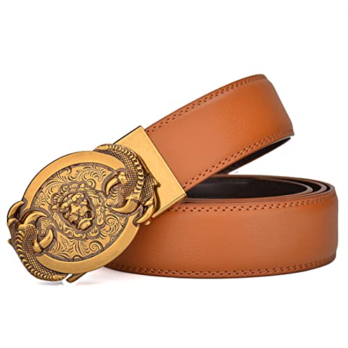 Men Women Leather Ratchet Click Belt Dress with Lion Head and Paws Automatic Buckle Western Cowboy Slide Waist Belt (120cm/waist:41", Orange)4