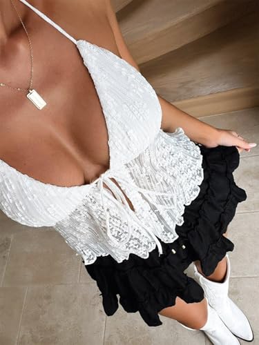 Image of Women's Sexy Halterneck Tie-Up Front Crop Top Sleeveless Backless Lace Cardigan Tops Streetwear
