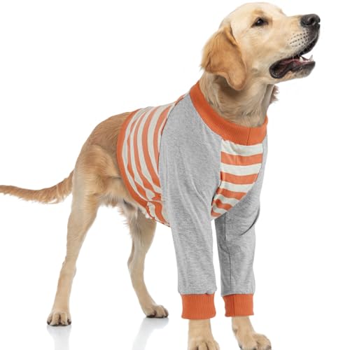 Image of FUAMEY Dog Recovery Sleeve with Elbow Protector,Dogs Shirt Stop Licking Joints,Pet Long Sleeve Suit Protecting Dog's Front Leg Arm Wounds Cover Skin Conditions Orange Stripes 2XL