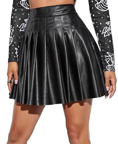 Mini Pleated Leather Skirts for Women High Waisted Ruffle Skater