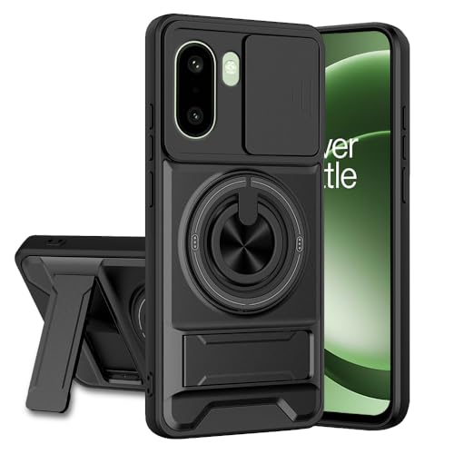 Image of OnePlus 15R 5G Back Cover | Armor Camera Slider 360 Degree Rotating Finger Ring Holder Case with Bracket Stand Back Case Cover (Compatible with MagSafe Accessories) (Black)