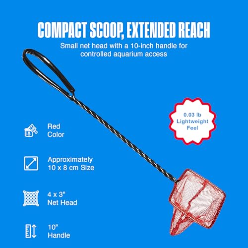 Image of Penn-Plax Infra-Red Quick-Net Aquarium Fish Net - 4 x 3 in Fine Mesh, 10 in Vinyl-Covered Braided Handle - Small Aquarium Cleaning Tool for Gentle Fish Handling - Freshwater & Saltwater Tanks - Red