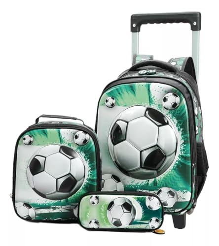 Kit Mochila Escolar Infantil com Rodinhas, Infantil Menino, Estampa de Futebol com Bolas 3D