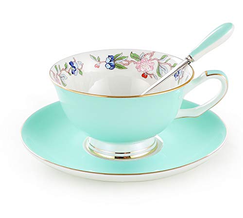 3 Piece Bone China Cup and Saucer Set with Spoon Vintage Porcelain Coffee Cup Set Floral Tea Cup Set with Gold Trim and Gift Box 71oz