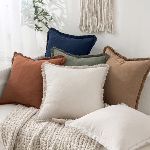 Image of MIULEE Boho Linen Fringe Decorative Throw Pillow Covers Dark Navy 20x20 | Set of 2, Cottagecore Decor, Boho Farmhouse Coastal Pillow Covers, Rustic Couch Cushion Cases for Sofa Bed Living Room
