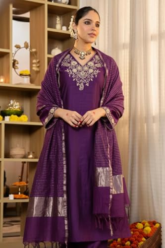Image of Klosia Women Embroidery Solid Straight Kurta and Pant Set with Dupatta
