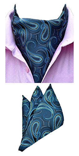 MOHSLEE Mens Lake Blue Paisley Ascot Jacquard Woven Banquet Cravat Tie Hanky Set